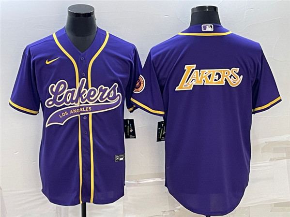 Men's Los Angeles Lakers Purple Big Logo Cool Base Stitched Baseball Jersey